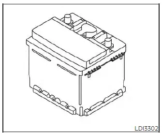 Close-up view of a maintenance-free battery top warning label on a Nissan Versa