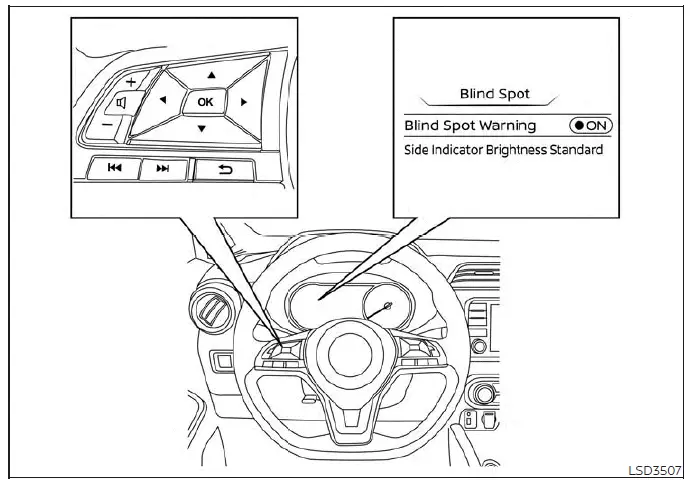 Steering wheel control buttons used for navigating the Blind Spot Warning menu settings in a Nissan Versa
