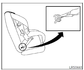Webbing-mounted LATCH connectors on a child safety seat being aligned for installation in a Nissan Versa