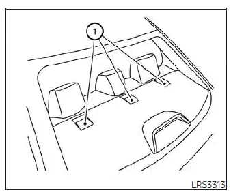 Location diagram of the three top tether anchor points on the rear parcel shelf behind the head restraints in a Nissan Versa