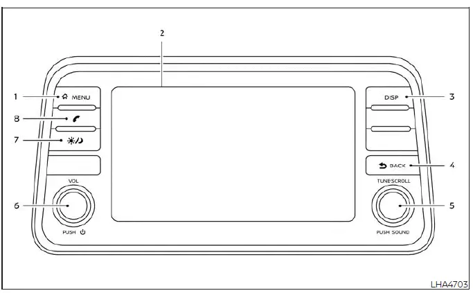 Nissan Versa infotainment system dashboard layout showing control panel buttons and touch-screen display