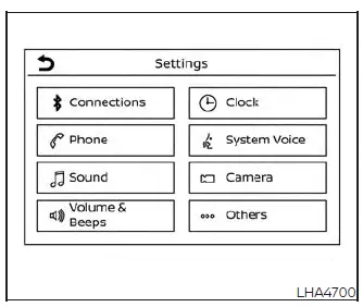 Navigating through the settings menu categories on the Nissan Versa display screen