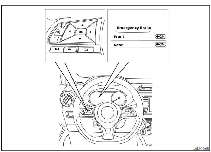 Driver interacting with steering wheel controls to configure Automatic Emergency Braking in a Nissan Versa