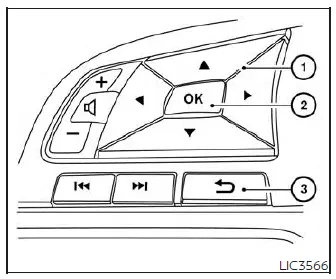 Steering wheel controls on the Nissan Versa showing the left-hand navigation switch pad, scroll dials, and back buttons