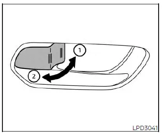 Nissan Versa interior door panel showing the location and movement of the manual lock knob