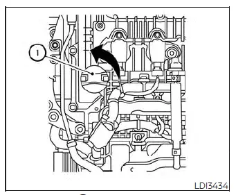 Locating the engine oil filler cap under the hood of a Nissan Versa