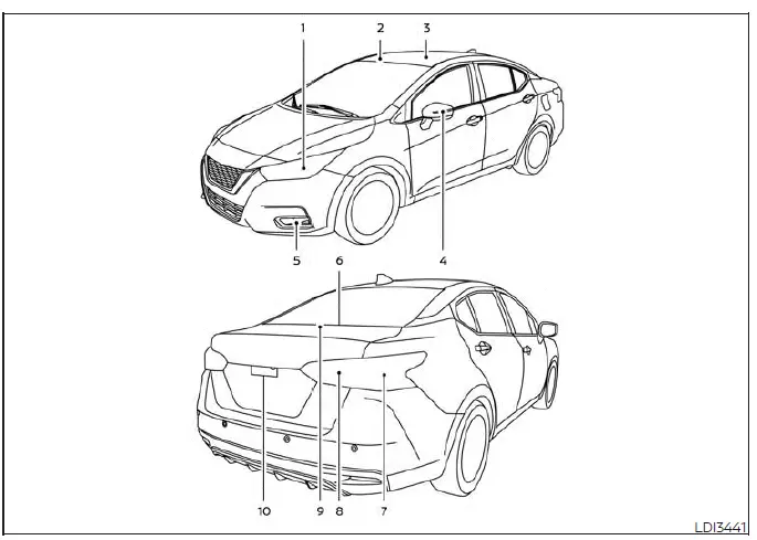 Diagram showing various exterior and interior light locations on a Nissan Versa