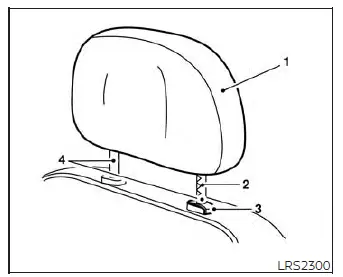 Diagram showing components of an adjustable head restraint in a Nissan Versa: removable cushion, multiple locking notches, lock knob, and mounting stalks