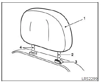 Diagram showing components of a non-adjustable head restraint in a Nissan Versa: removable cushion, single safety locking notch, lock knob, and mounting stalks