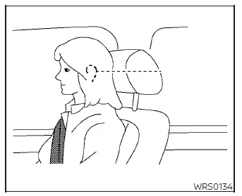 Correct height alignment of an adjustable head restraint in a Nissan Versa, showing the center of the head restraint level with the center of the passenger's ears
