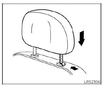 How to lower the head restraint in a Nissan Versa by pressing the lock knob while pushing the cushion downward
