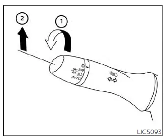 Instructional diagram showing how to push the headlight control lever forward to engage High Beam Assist on the Nissan Versa steering column