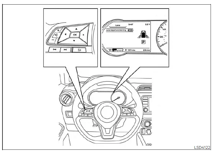 Steering wheel control buttons used for configuring the Lane Departure Warning system in a Nissan Versa