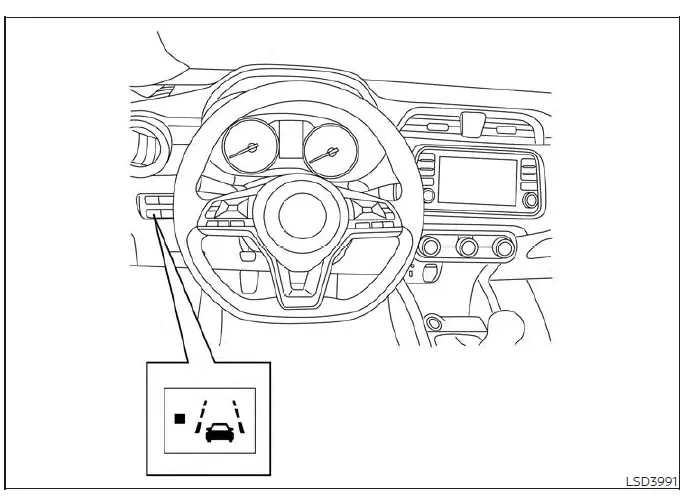 Dashboard menu configuration screen for the Lane Departure Warning feature in a Nissan Versa