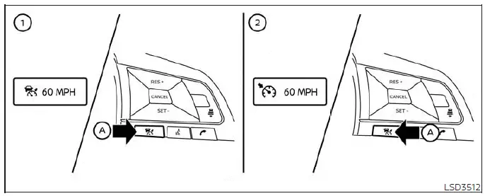 Steering wheel controls used for switching cruise control modes on a Nissan Versa