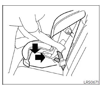 Compressing the forward-facing child safety seat downward with a knee while pulling the LATCH webbing strap to tighten the installation in a Nissan Versa