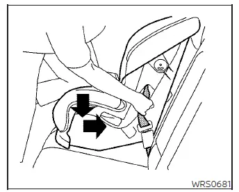 Compressing the child seat cushion with a knee while pulling the shoulder belt upward to tighten the installation in a Nissan Versa