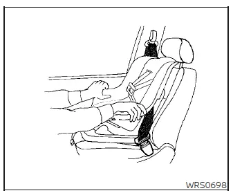 Verifying the stability of the forward-facing child seat by pushing and pulling it near the seat belt routing path in a Nissan Versa