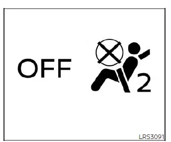 Locating the passenger airbag status light on the instrument panel of the Nissan Versa with a forward-facing child seat installed in the front