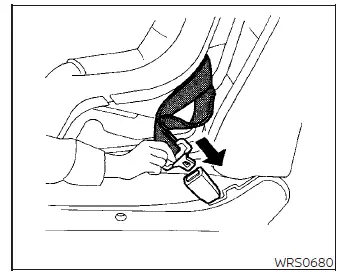 Routing the three-point seat belt tongue through the designated forward-facing belt path of the child seat in a Nissan Versa