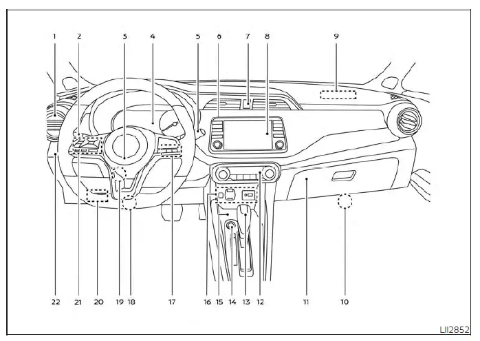 Detailed layout diagram of the Nissan Versa driver cockpit and center console controls showing gauge cluster, steering wheel, and display placement