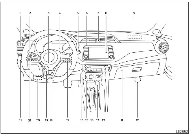 Comprehensive layout of the Nissan Versa dashboard and instrument panel showing steering wheel controls, center touchscreen, climate controls, and driver interfaces
