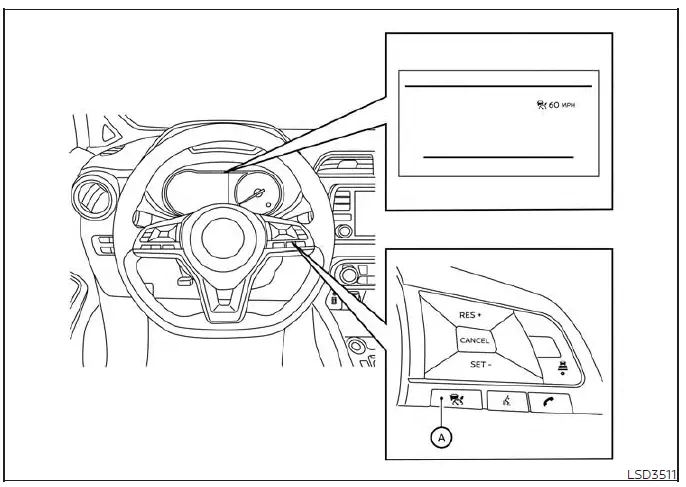 Steering wheel layout showing the Intelligent Cruise Control switch location in a Nissan Versa