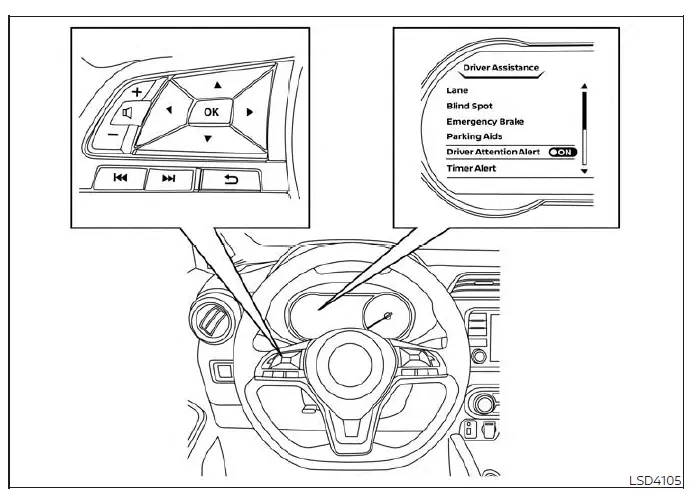 Steering wheel layout and dashboard interface for managing driver assistance settings in a Nissan Versa