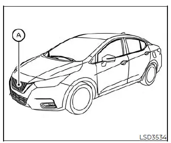 Front view of a Nissan Versa showcasing the radar sensor area for the Intelligent Forward Collision Warning system