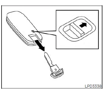 Detailed view of the Nissan Versa Intelligent Key showing the mechanical key release mechanism on the back