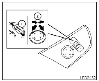 Using the electric remote control switch on the door panel to adjust the Nissan Versa outside mirrors