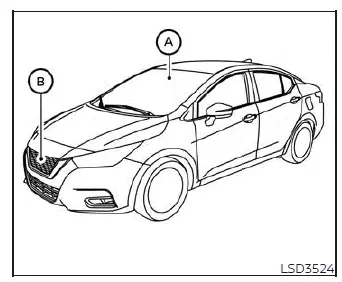 Front view of a Nissan Versa equipped with sensors for Automatic Emergency Braking and Pedestrian Detection