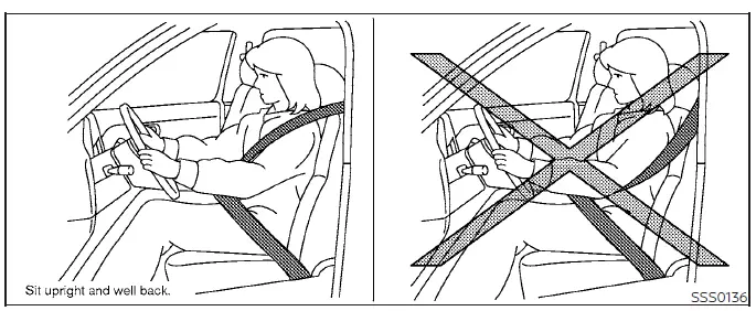 An occupant sitting upright in a Nissan Versa seat with the seat belt correctly adjusted across the shoulder and lap