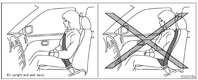 Warning diagram illustrating correct seat belt routing for all passengers in the Nissan Versa, emphasizing rear seats for children