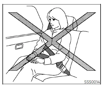 Warning illustration depicting incorrect seat belt routing, such as placing the shoulder belt behind the back or under the arm in a Nissan Versa