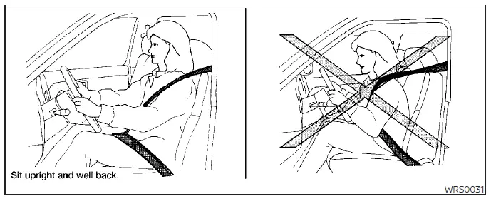 Correct seating posture in a Nissan Versa showing the occupant sitting upright, buckled up, and well back from the steering wheel and instrument panel
