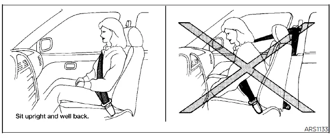 Warning illustration showing a passenger leaning forward out of the proper seat belt position in a Nissan Versa