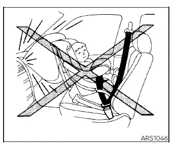 Warning diagram showing a child sitting in the front passenger seat of a Nissan Versa without a booster seat, causing the shoulder belt to cross their neck dangerously