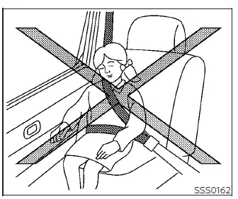 Warning diagram showing a front passenger leaning their head against the door window of a Nissan Versa, directly in the path of a deploying side curtain airbag