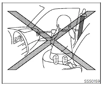 Warning diagram showing a rear seat passenger leaning sideways against the door trim, obstructing the rear side-impact airbag path in a Nissan Versa