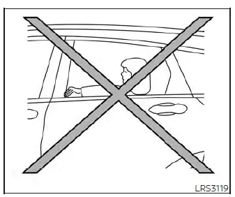 Warning diagram showing a child passenger in the rear outboard seat leaning dangerously sideways against the door window pane in a Nissan Versa