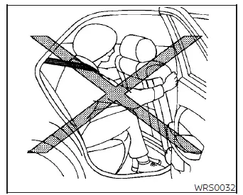 Warning diagram showing a rear passenger holding onto the front seatback, placing their arms directly in the deployment zone of the front seat-mounted side airbag in a Nissan Versa