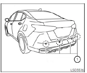 Location of the rear parking sensors on the bumper of a Nissan Versa