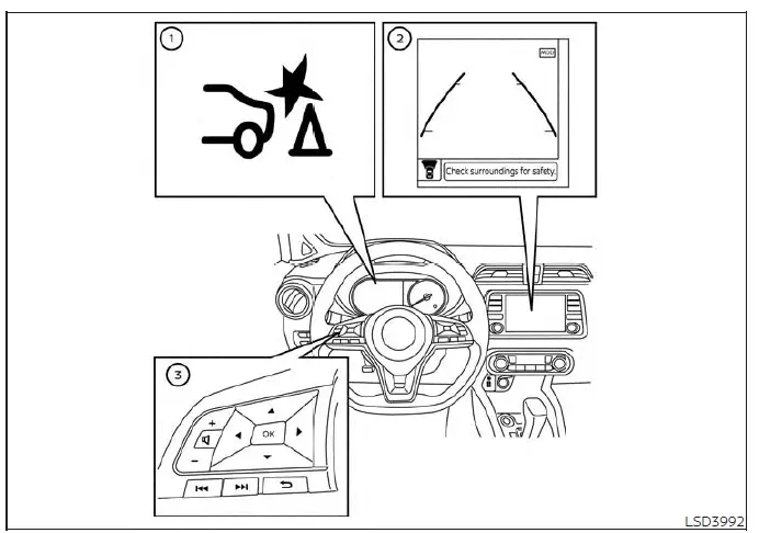Overview of the vehicle information display and controls for the Rear Automatic Braking system in a Nissan Versa