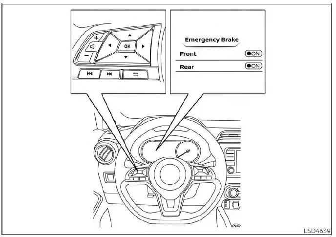 Driver navigating dashboard menus to configure Rear Automatic Braking settings in a Nissan Versa
