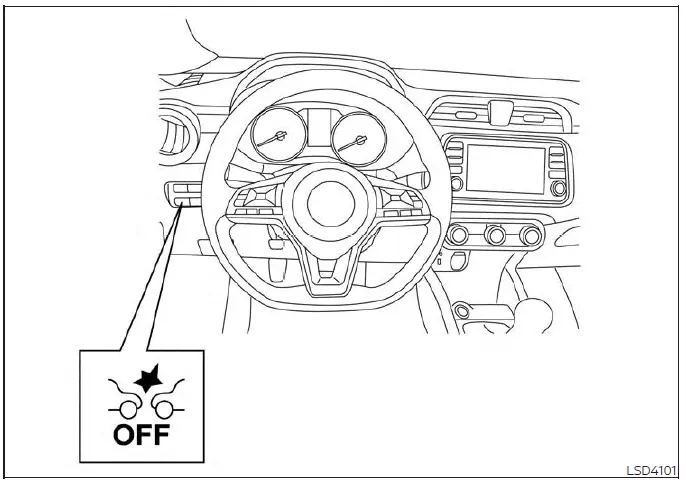 Physical Automatic Emergency Braking off switch located on the dashboard of a Nissan Versa