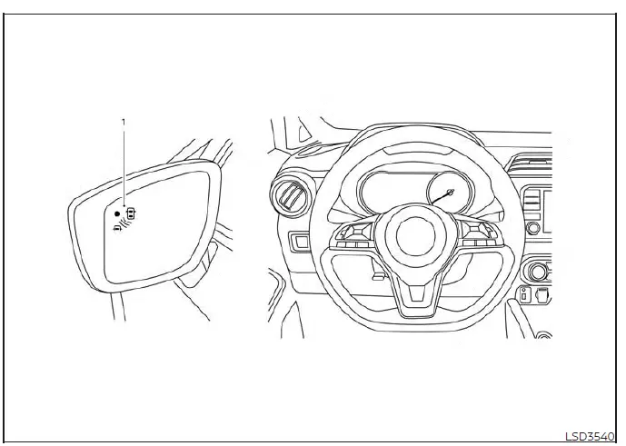 Side mirror indicator light glowing for the Rear Cross Traffic Alert system in a Nissan Versa