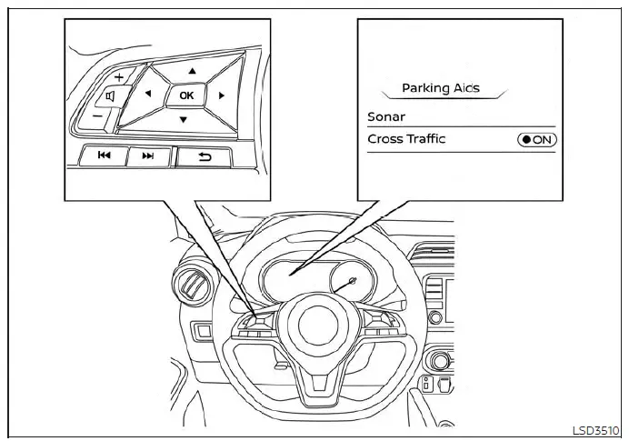 Steering wheel control buttons used for configuring the Rear Cross Traffic Alert system in a Nissan Versa