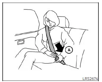 Demonstration of pulling the three-point seat belt out of the retractor and inserting the metal tongue into the buckle lock A inside a Nissan Versa