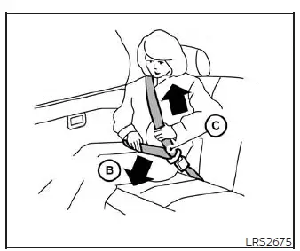 Correct routing of the three-point seat belt across the hips B and tensioning the shoulder portion C inside the Nissan Versa cabin